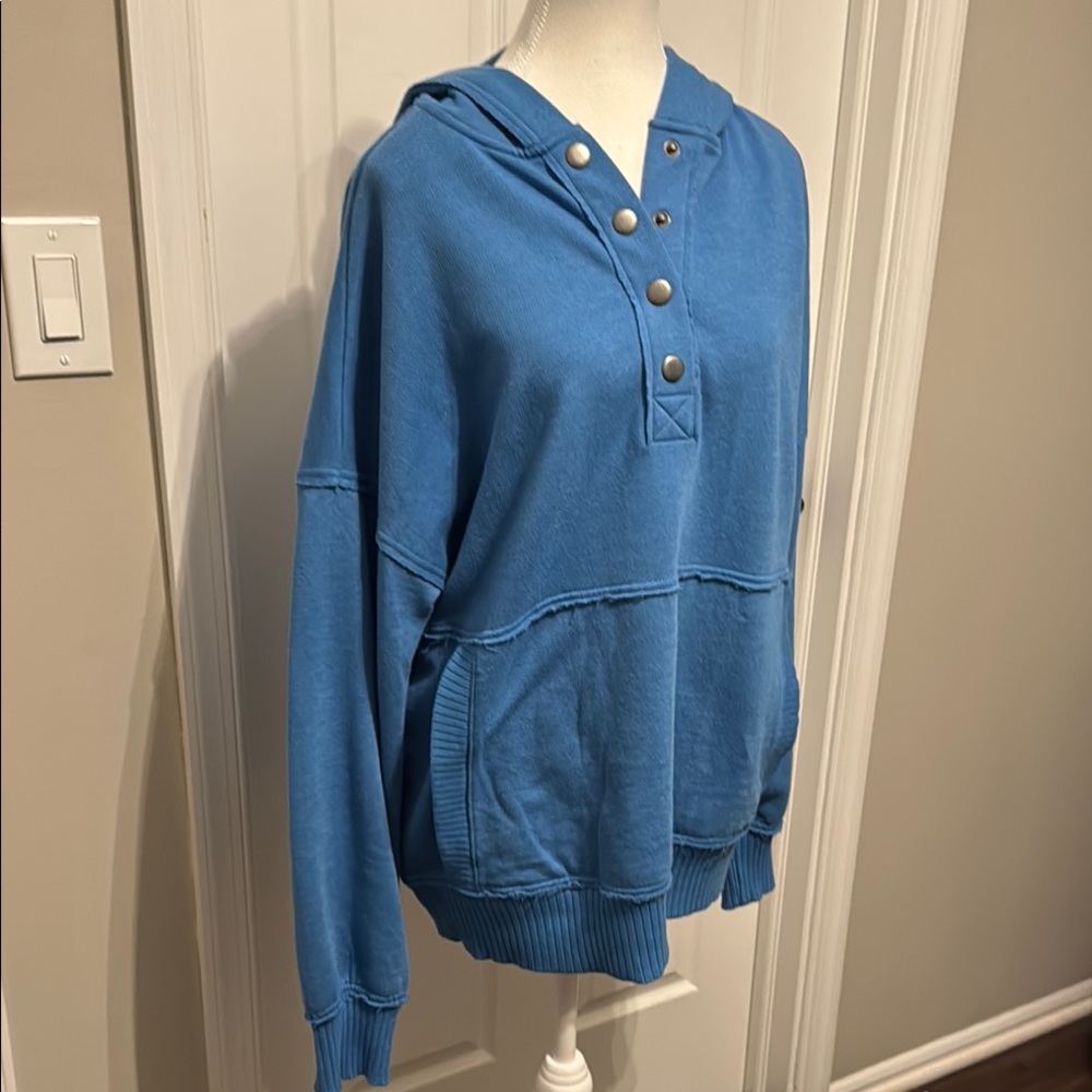 NWOT, Blue Hooded Sweatshirt with Button Detail, 2 pockets, Super Soft